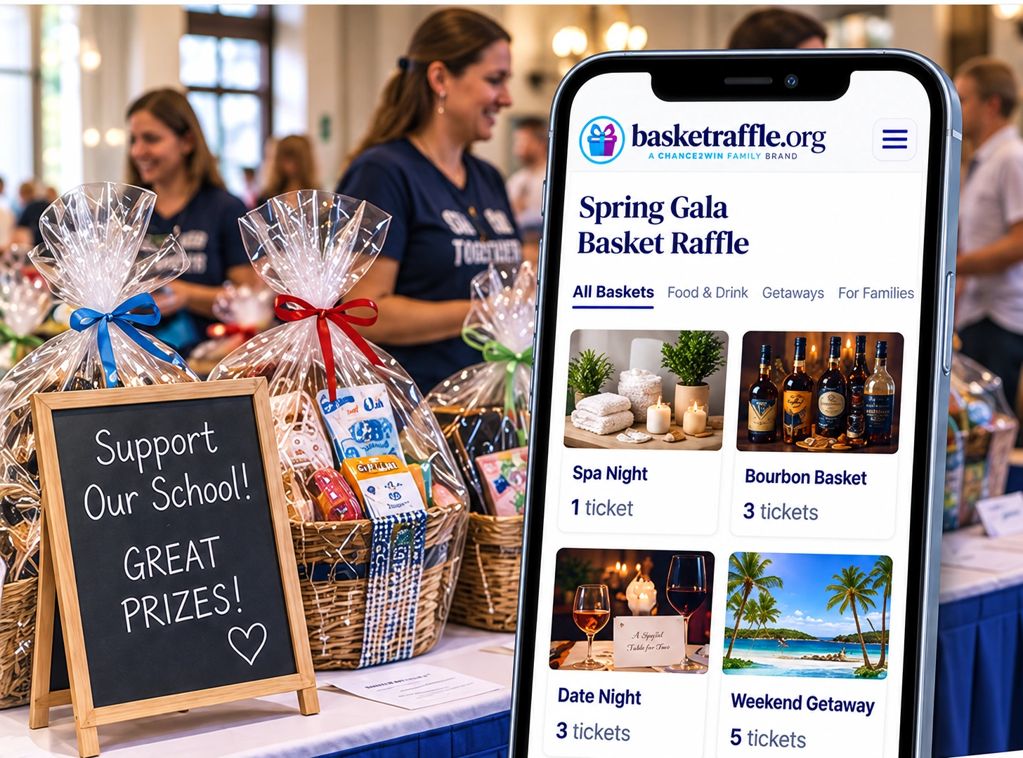 Basket raffle event and mobile raffle website